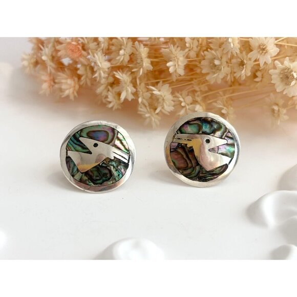 Abalone Gazelle Figural Modernist Taxco Sterling Silver Mexica Southwest Studs - Picture 4 of 10